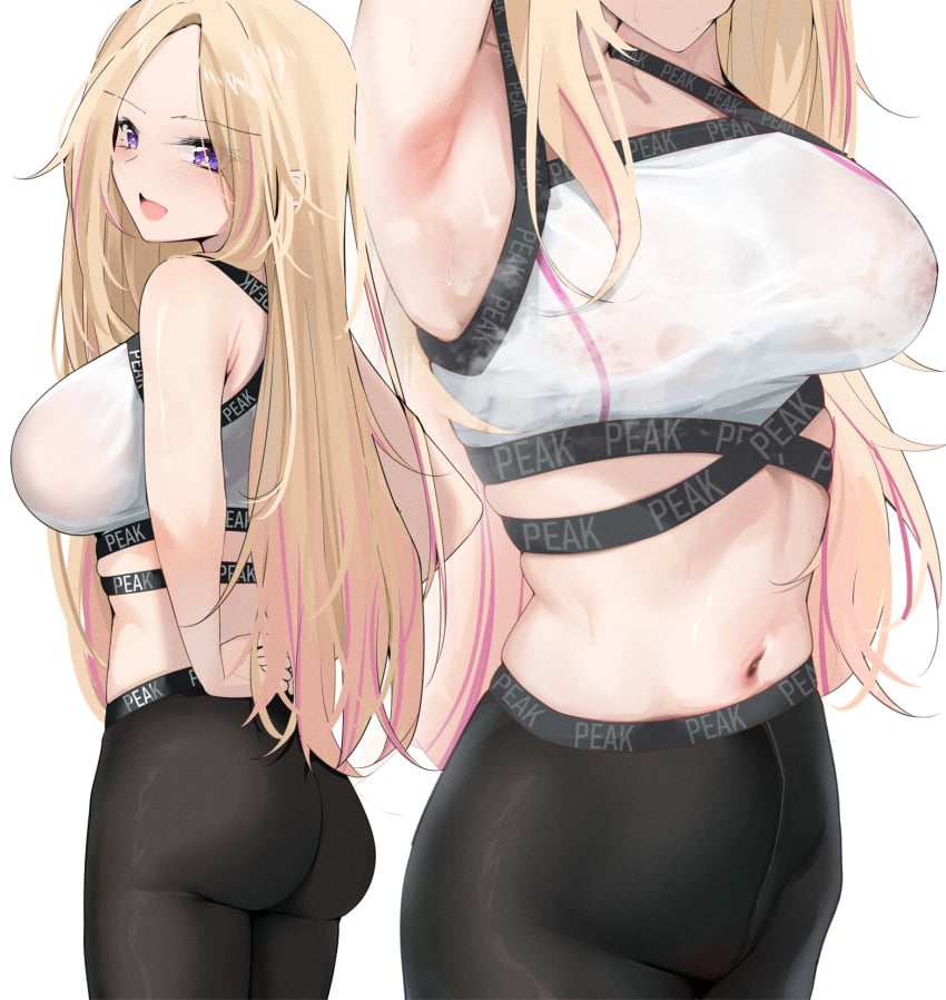 armpits ass black_leggings blonde_hair blush breasts covered_nipples female gakuen_idolmaster idolmaster juo_sena kebohan large_breasts leggings long_hair looking_at_viewer multicolored_hair multiple_views navel pink_hair presenting_armpit simple_background sports_bra steaming_body streaked_hair sweat two-tone_hair very_long_hair white_background white_sports_bra