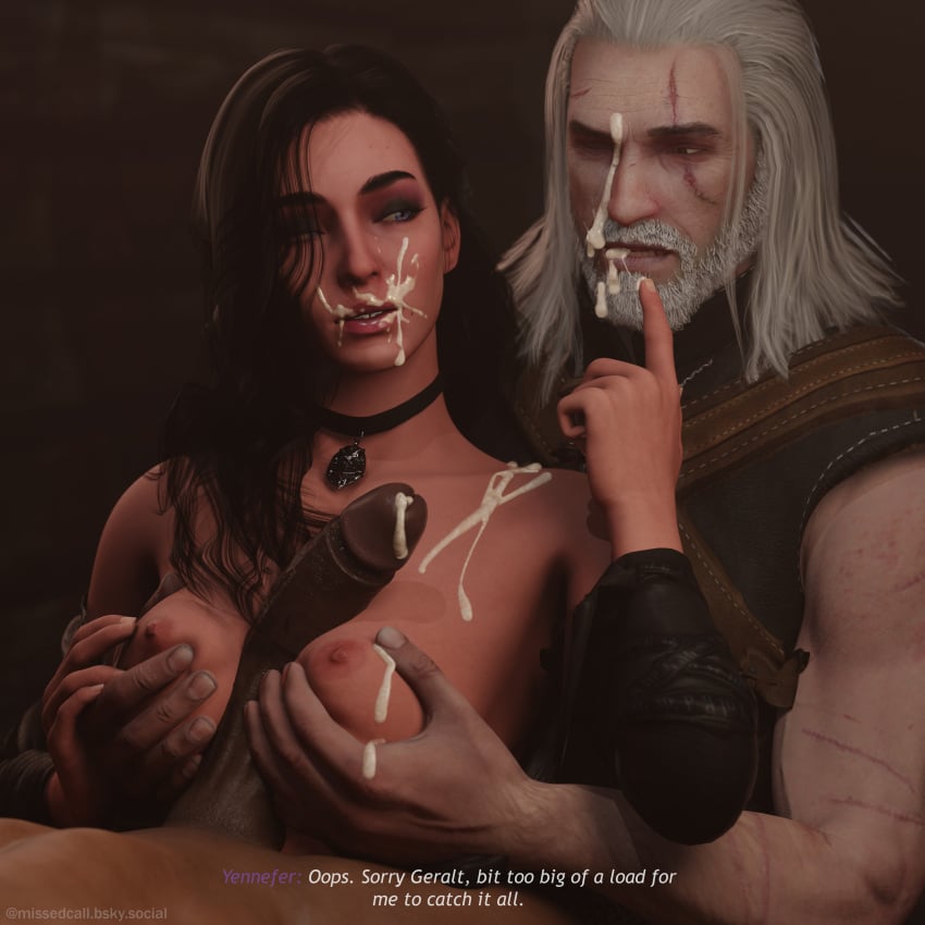 1girls 2boys 3d assisted_paizuri bisexual_male blender_(software) breasts_out cd_projekt_red choker cuckold cum cum_in_mouth cum_on_breasts cum_on_face dark-skinned_male dark_skin facial geralt_of_rivia grabbing_another's_breast grabbing_from_behind huge_cock humiliation interracial large_penis light-skinned_female light-skinned_male light_skin medium_breasts missed_call paizuri penis smile text the_witcher_(series) the_witcher_3:_wild_hunt threesome white_hair yennefer