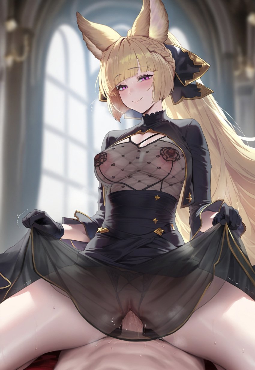 1boy 1boy1girl 1girls absurd_res ai_generated animal_ears animal_girl black_dress blush chest_cutout clothed_female_nude_male clothed_sex cowgirl_position crotchless_panties dress dress_lift dress_pull erun_(granblue_fantasy) erune gloves granblue_fantasy high_ponytail legs_apart lingerie liu_(artist) looking_at_viewer looking_pleasured medium_breasts on_bed pov seductive seductive_look seductive_smile see-through see-through_clothing see-through_dress see-through_top smile smiling_at_viewer straight vaginal_penetration vaginal_sex very_long_hair voluptuous voluptuous_female yuisis_(granblue_fantasy)