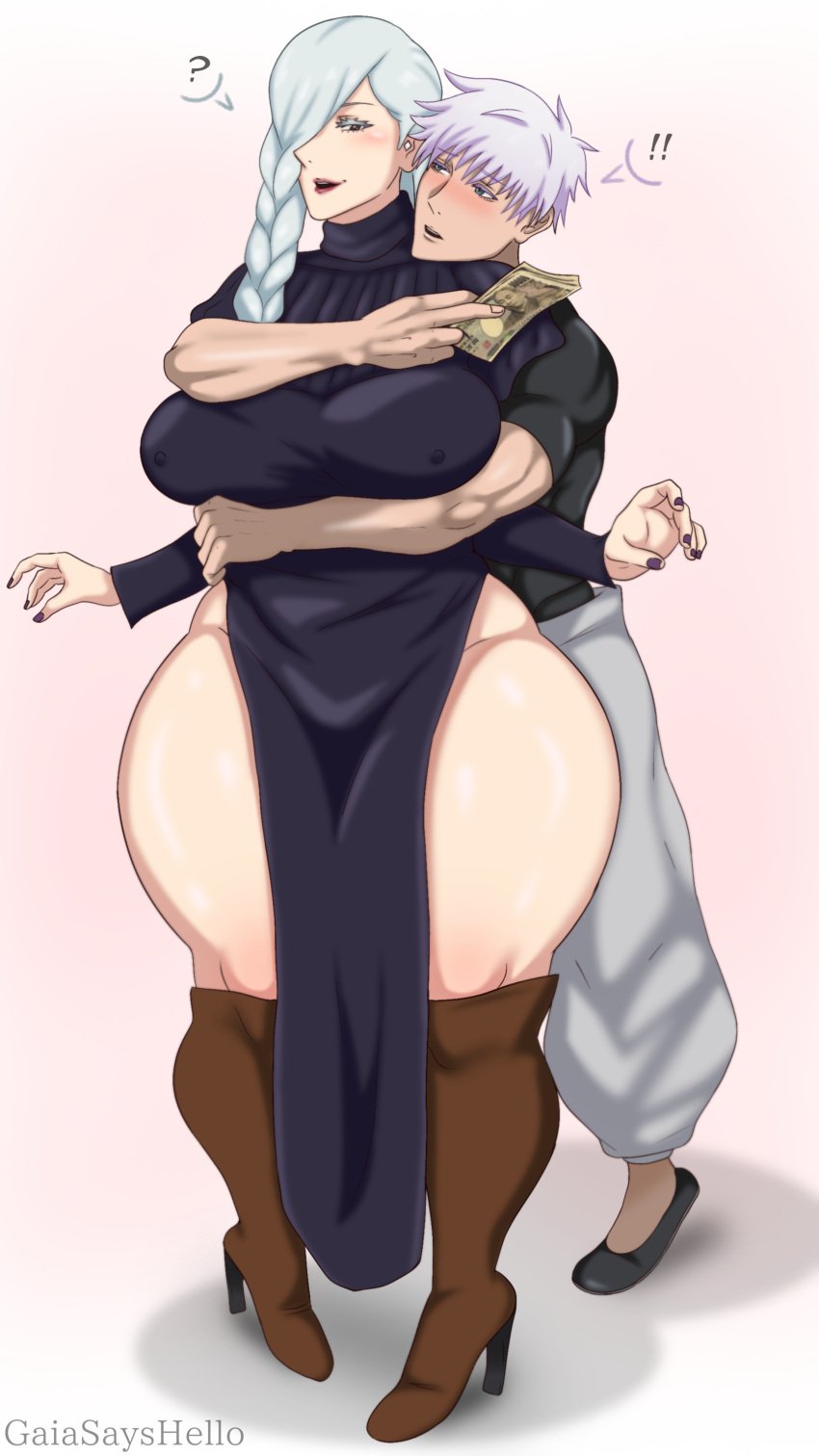 1boy 1girls alternate_body_type alternate_breast_size alternate_costume artist_name artist_signature big_breasts blue_eyes blue_hair blush boots breasts bribe brown_eyes clothed clothing curvaceous curvy dress eyebrows_visible_through_hair eyelashes female gaiasayshello heels hugging hugging_from_behind imminent_sex jujutsu_kaisen large_breasts larger_female light-skinned_male light_skin lips lipstick male mei_mei_(jujutsu_kaisen) mommy money muscular muscular_male nail_polish pale-skinned_female pale_skin piercing prostitution satoru_gojo self_upload smile straight tagme taller_girl thick_thighs white_hair wide_hips