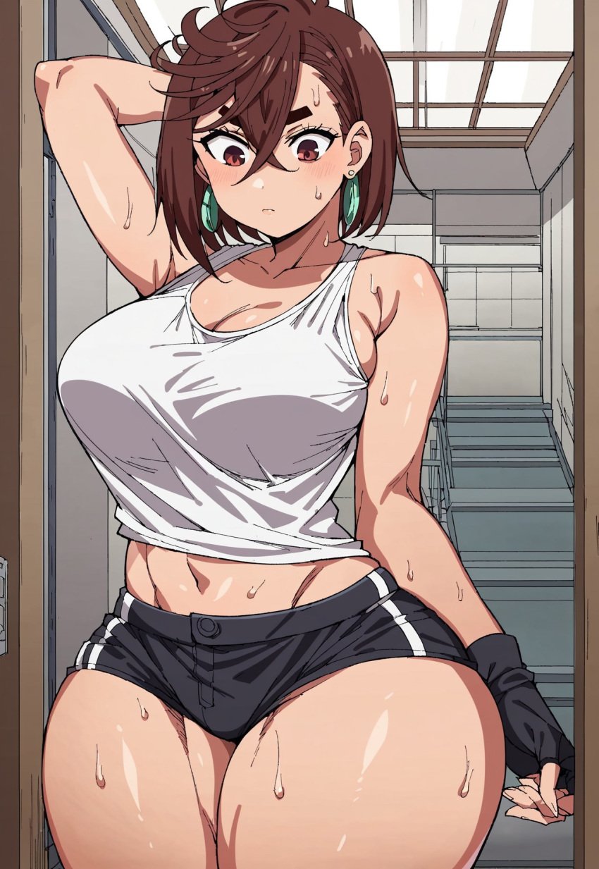 ai_generated ayase_momo civitai dandadan fit fit_female gym hourglass_figure huge_breasts shorts solo_female sweat tank_top thick_thighs