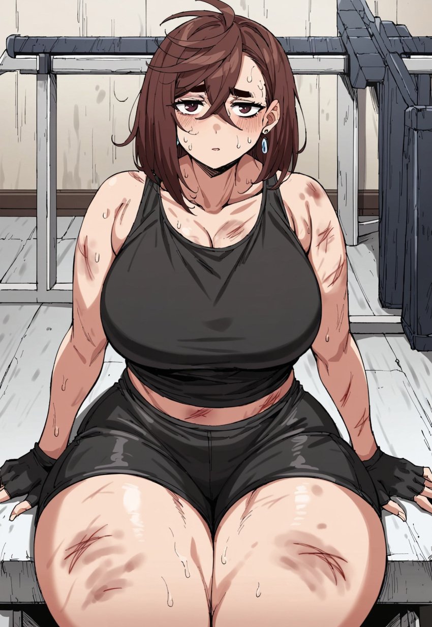 ayase_momo brown_hair bruise bruised dandadan dark exhausted eyes female gym hourglass_figure huge_breasts indoors shorts solo_female sweat tank_top thick_thighs thunder_thighs thunderthighs tired wounded