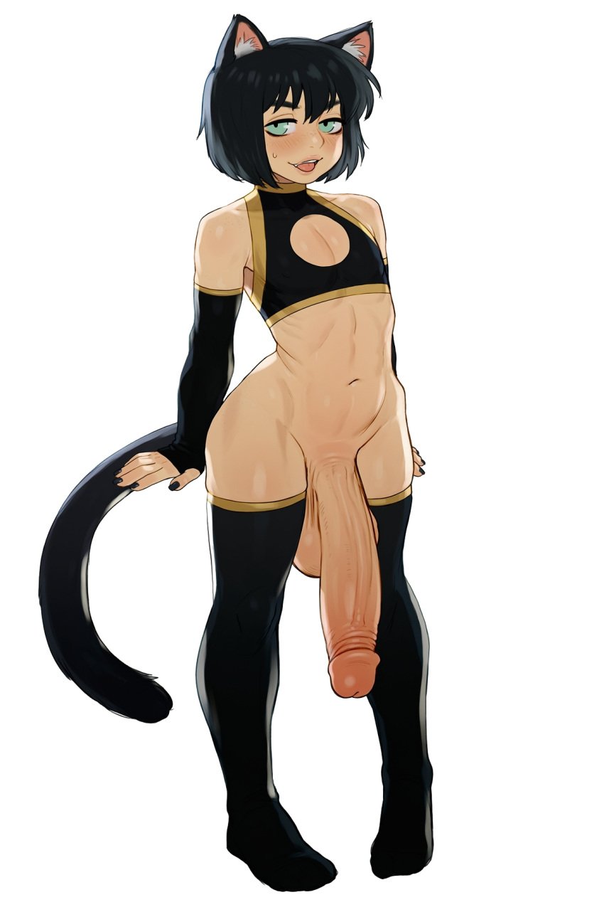 1boy animal_ears bare_shoulders black_nails cat_boy cat_ears cat_tail demongakka femboy full_body highres large_penis large_testicles male_only nail_polish navel original penis stomach tail testicles thighhighs