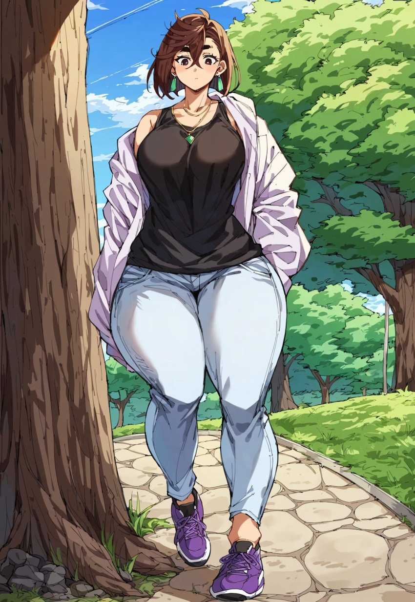 ai_generated ayase_momo blue_clothing blue_jeans bottom_heavy clothed_female clothing dandadan footwear headwear hourglass hourglass_figure jacket jeans light_blue_clothing light_jeans loitering mini_giantess outside pink_footwear running_shoes smiling smug sneakers taller_female thighs thunder_thighs tight_clothing tight_jeans