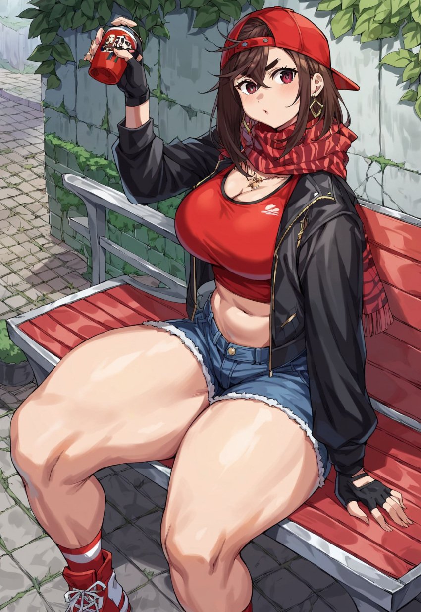 1girls ai_generated ayase_momo backwards_baseball_cap bare_midriff big_breasts brown_hair cap civitai cleavage clothed_female crop_top daisy_dukes dandadan earrings female fingerless_gloves gloves hourglass_figure jacket jean_shorts light-skinned_female light_skin outdoors red_eyes red_hat red_topwear scarf shoes short_shorts shorts sitting sitting_on_bench sneakers solo thick_thighs thunder_thighs tight_clothing