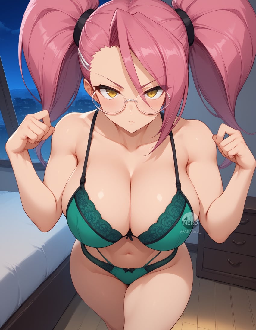 ai_generated altnerd artist_logo artist_name bed bedroom big_breasts bra from_above glasses green_bra green_panties highres highschool_of_the_dead night panties patreon_username pink_hair saya_takagi twintails underwear watermark wide_hips yellow_eyes