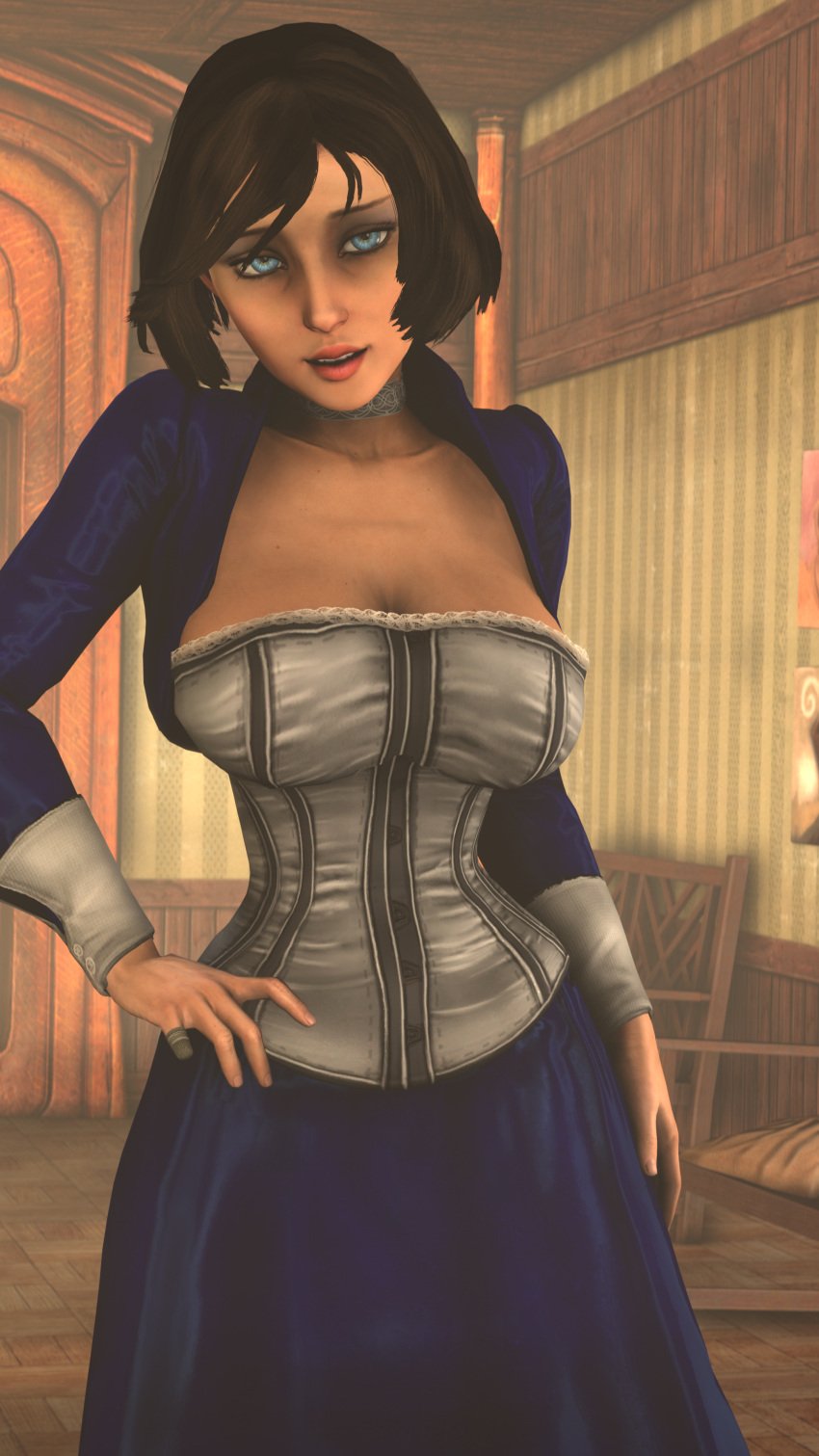 3d big_breasts bioshock bioshock_infinite blue_eyes breasts brown_hair busty dinoboy555 elizabeth_comstock female female_focus female_only hourglass_figure large_breasts light-skinned_female light_skin short_hair solo tagme wide_hips