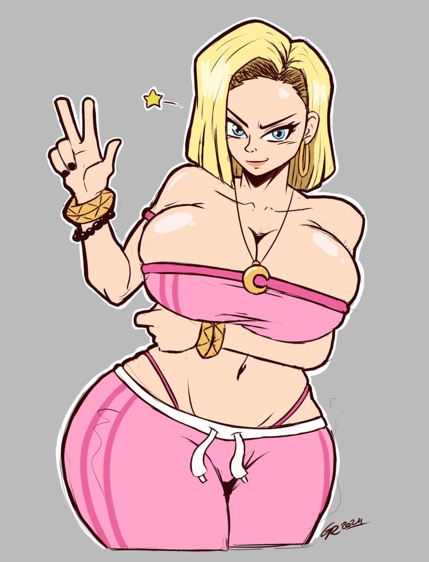 1girls android android_18 arm_under_breasts artofagito barefoot big_breasts black_fingernails blonde_hair blue_eyes boobs breasts breasts_bigger_than_head cleavage crescent_moon crescent_moon_necklace curvaceous curves curvy curvy_figure curvy_hips curvy_thighs dragon_ball gray_background grey_background hand_sign hoop_ear_ring hoop_earrings huge_breasts inspired_by large_breasts necklace pink_clothes pink_clothing pink_panties shiny shiny_hair shiny_skin simple_background sketch slim_thick slim_waist star_(symbol) thick_as_fuck thick_ass thick_butt thick_hips thick_legs top_heavy top_heavy_breasts twitter_link voluptuous voluptuous_female watermark whale_tail whale_tail_(clothing)