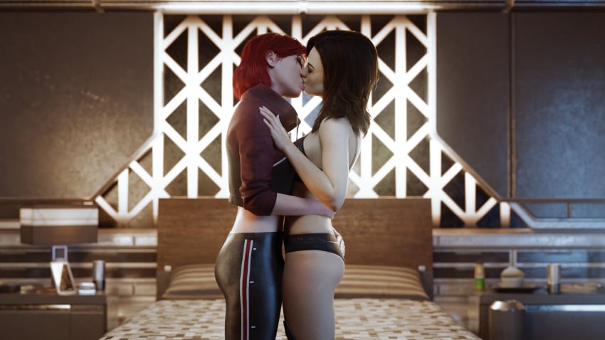 1futa 1girls 3d bed bed_sheet bedroom bioware black_bra black_hair black_panties blender bottomwear bra closed_eyes clothed clothing commander_shepard detailed_background duo electronic_arts female female_focus femshep futanari futashep highres kissing legging light-skinned_female light_skin long_hair making_out mass_effect mass_effect_2 mass_effect_3 miranda_lawson panties pants red_hair room small_breasts standing topwear underwear watermark xieangel