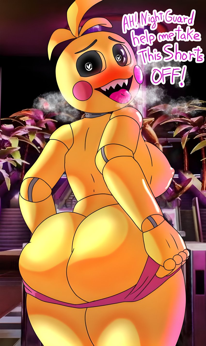 1girls ai_upscaled animatronic artist_request big_ass big_breasts blush blush breath breath_cloud chicken female five_nights_at_freddy's five_nights_at_freddy's_2 in_heat pulling_down_pants robot scottgames sharp_teeth tongue tongue_out toy_chica_(fnaf) toy_chica_(love_taste)