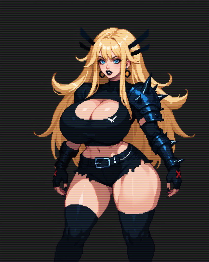 1girls ai_generated alternate_breast_size black_lipstick blonde_hair blue_eyes breasts cleavage earrings female huge_breasts lipstick looking_at_viewer magik_(illyana_rasputin) marvel marvel_comics mutant_(marvel) nail_polish newelectrickity pixel_art skimpy skimpy_clothes solo tagme thick_thighs thighhighs toned x-men