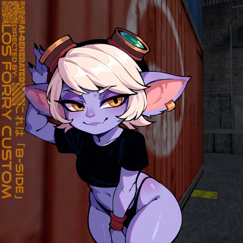 1girls ai_assisted ai_generated black_shirt counter-strike_(series) crop_top eyewear_on_head fangs flesh_fang googles highleg_panties league_of_legends leaning_on_wall losforry_custom pierced_ears purple_skin shirt smile solo tristana white_hair yellow_eyes