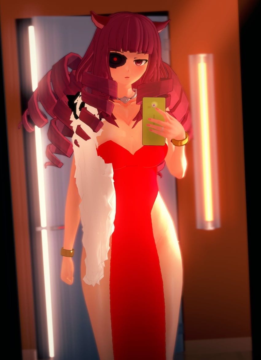 3d alternate_version_available cat_ears chinese_dress cybernetic_eye drill_hair female hallway koikatsu light-skinned_female light_skin long_hair mirror mirror_selfie mostly_clothed partially_clothed phone red_hair selfie solo solo_female solo_focus spiritofrei stella_hoshii va-11_hall-a