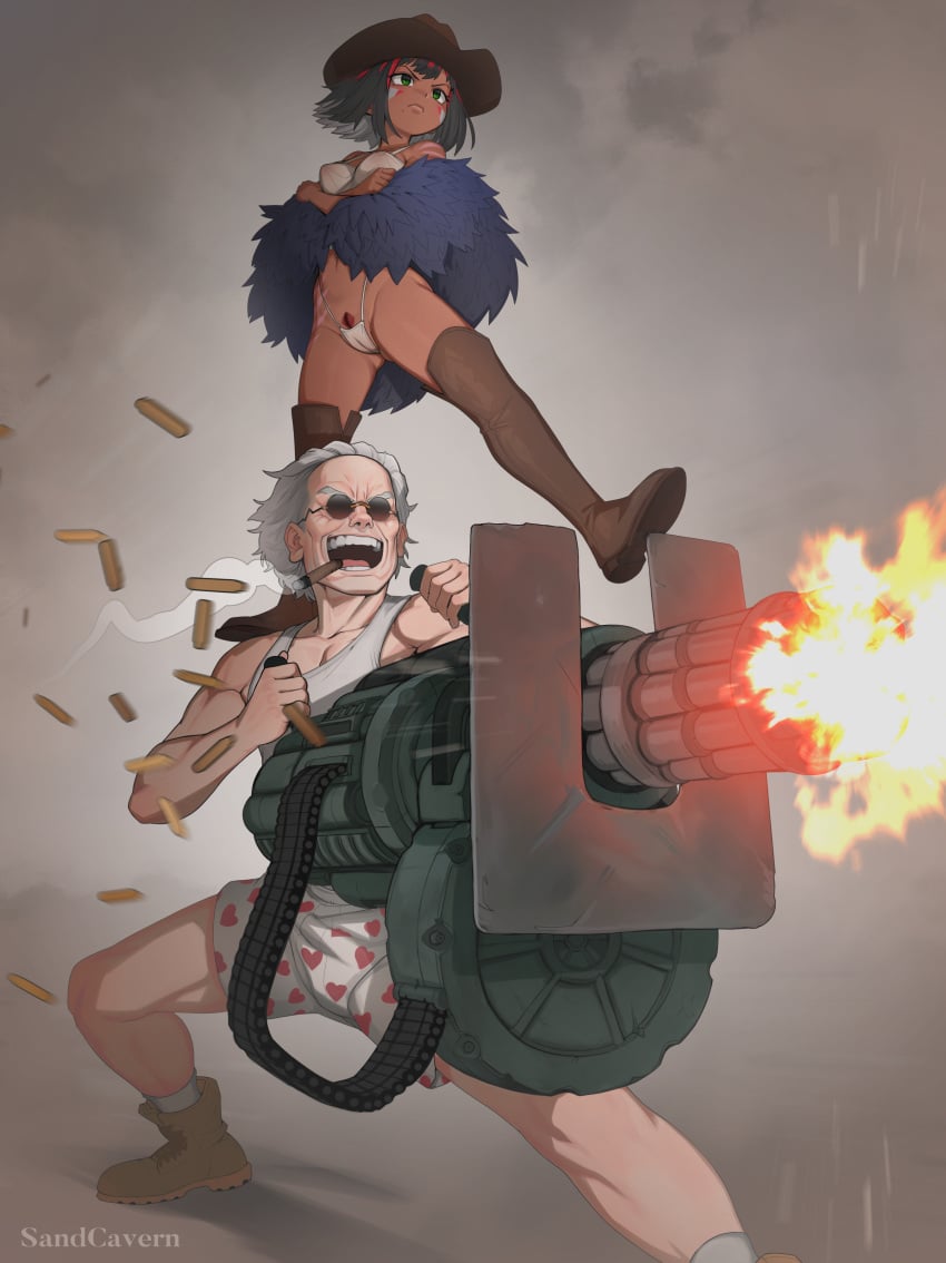 1boy 1girls action_pose age_difference black_hair boots cigar cow_girl crossed_arms face_paint gun hat heart laugh male minigun novelty_clothing open_mouth pubic_hair red_hair sandcavern sheer shooting size_difference standing sunglasses thighhighs tiny_panties underwear white_hair