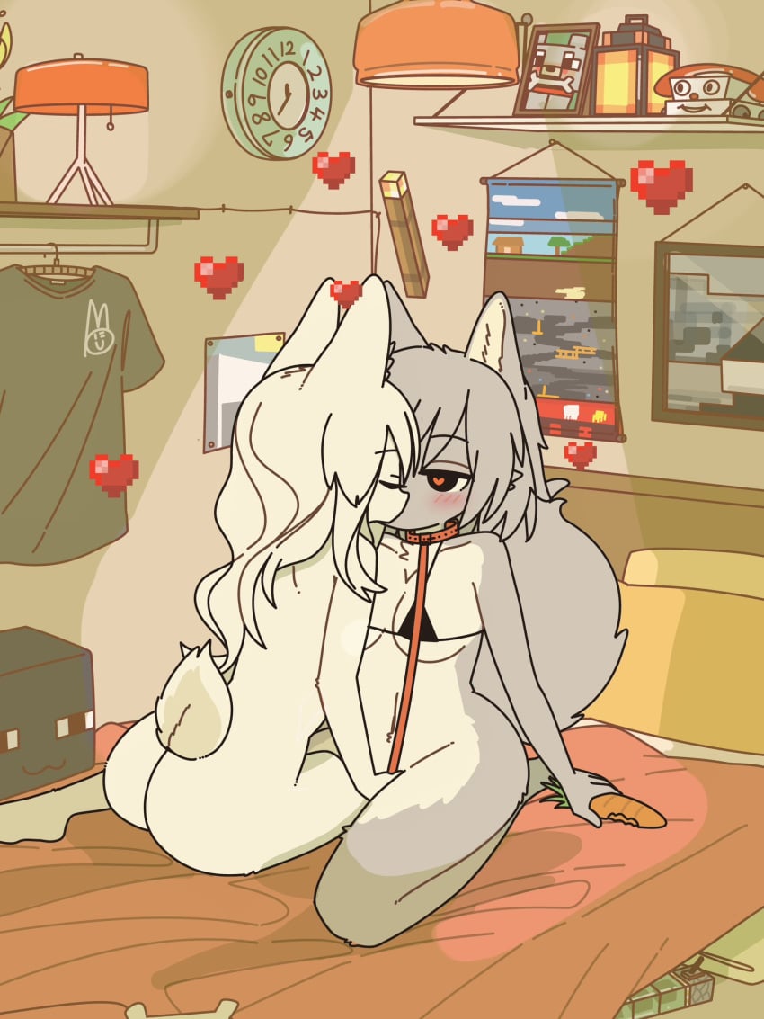 2girls bed bedroom big_ass big_breasts black_eyes fluffy_tail furry furry_female gray_hair heart heart_eyes kiss kissing lantern long_hair minecraft rabbit_(minecraft) short_hair swimsuit thighs white_hair wolf_(minecraft) yellow_hair