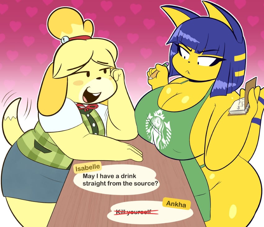 2girls animal_crossing ankha apron ass blitzy_flair breasts female isabelle_(animal_crossing) nude tagme