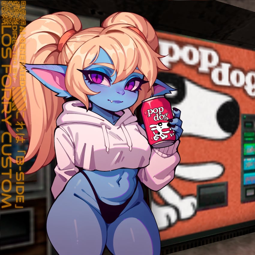 ai_assisted ai_generated black_panties blonde_hair blue_skin counter-strike_(series) crop_top crop_top_hoodie fangs female highleg_panties holding_can hoodie league_of_legends long_ears looking_at_viewer losforry_custom poppy purple_eyes shortstack solo thick_thighs twintails white_hoodie yordle