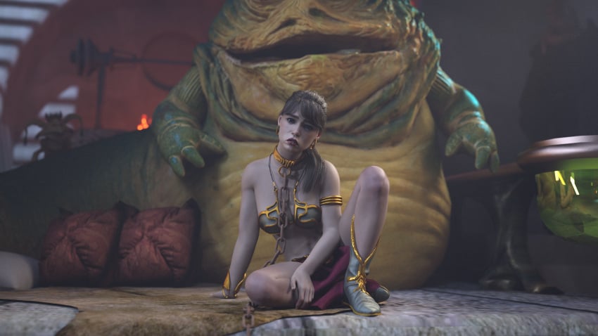 1girls 3d alexbridger belly_dancer belly_dancer_outfit boots brown_hair chain_leash chained cleavage femsub harem_girl harem_outfit hutt jabba's_palace jabba_the_hutt large_breasts loincloth qi'ra sad slave slave_bikini slave_collar slave_leia_(cosplay) slave_outfit slavegirl solo:_a_star_wars_story star_wars submissive_female