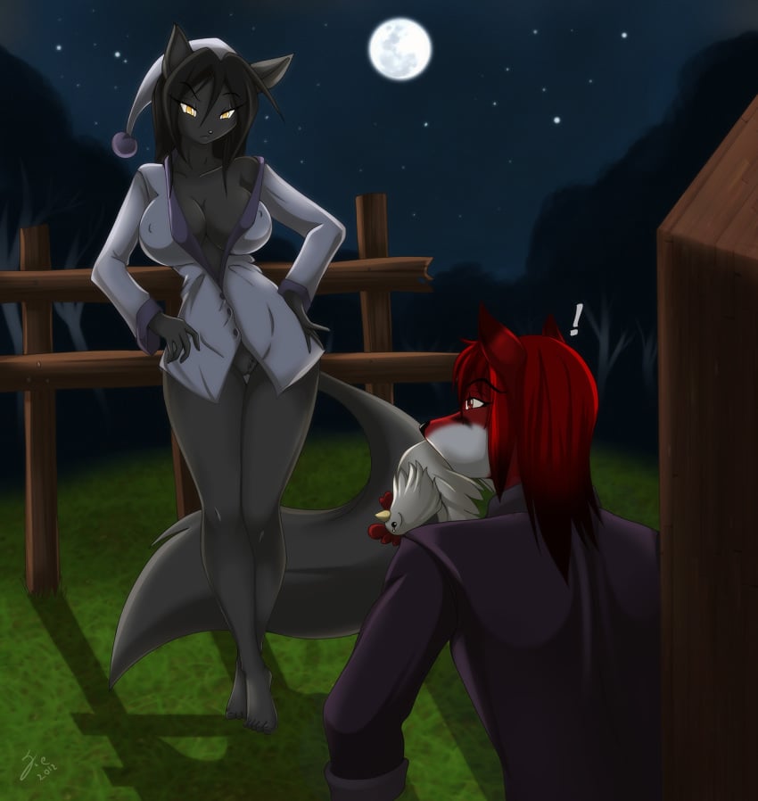 angry anthro avian barefoot bird black black_fur bottomless breasts canine chicken cleavage eye_contact female fence forest fox fur furry hat jessica_elwood looking_at_another male matypup moon night pajamas pussy stars thief tree trouble wolf wood yellow_eyes