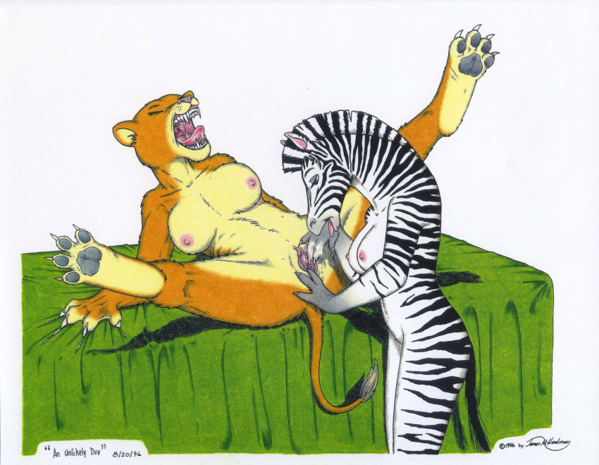 1990s 1997 20th_century anthro bed breasts claws equine feline female fur furry hindpaw james_m_hardiman lion lioness nude paws predator/prey pussy skunkworks yuri zebra