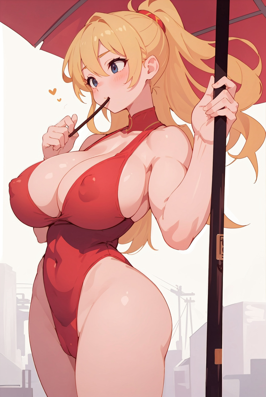 ai_generated bangs blonde_hair breasts collar female female_focus female_only hairtie huge_boobs huge_breasts huge_breasts huge_thighs leotard long_hair muscular pocky pocky_day sideboob solo solo_female solo_focus thick thick_ass thick_thighs tied_hair toned wide_hips