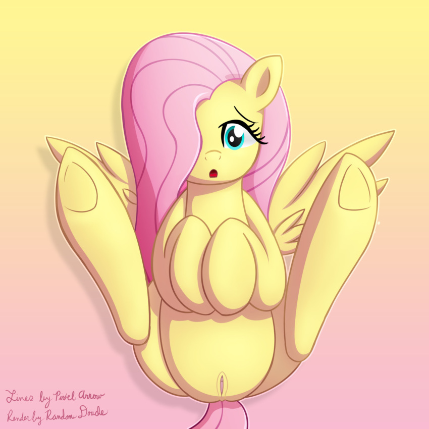 2012 blue_eyes equine fluttershy_(mlp) friendship_is_magic hair horse long_hair looking_at_viewer lying my_little_pony pegasus pink_hair pixelarrow pony presenting pussy randomdouche smooth_skin solo spread_legs spreading wings