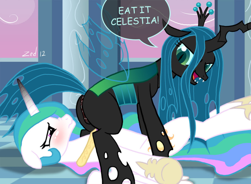 2012 alicorn anus ass blush changeling crown cutie_mark english_text equine female friendship_is_magic green_eyes hair horn horse long_hair looking_back multicolored_hair my_little_pony open_mouth pony princess_celestia_(mlp) pussy queen_chrysalis_(mlp) spreading straight_hair text tongue wings yuri zed001