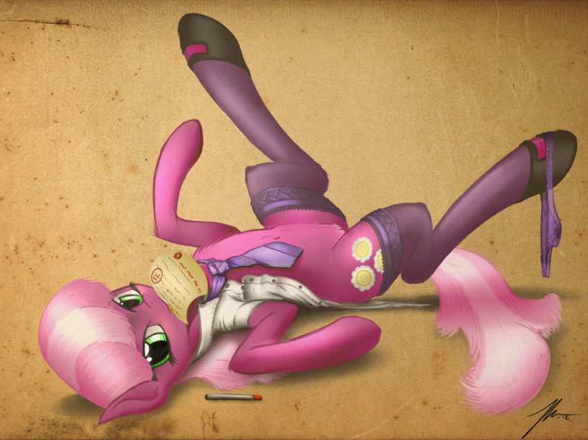 10s 2010s 2012 cheerilee_(mlp) clothing cutie_mark earth_pony equine female female_only feral friendship_is_magic fur green_eyes hair horse looking_at_viewer my_little_pony necktie panties paper pink_hair plain_background pony presenting pussy shoes sock solo text underwear undressing wreky
