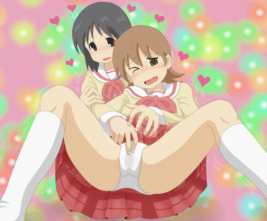 aioi_yuuko artist_request black_hair blush brown_eyes brown_hair drooling female fingering grey_eyes high_resolution hirondo kneehighs multiple_girls nano_shinonome nichijou panties rubbing saliva school_uniform short_hair spread_legs tear wince winding_key yuri