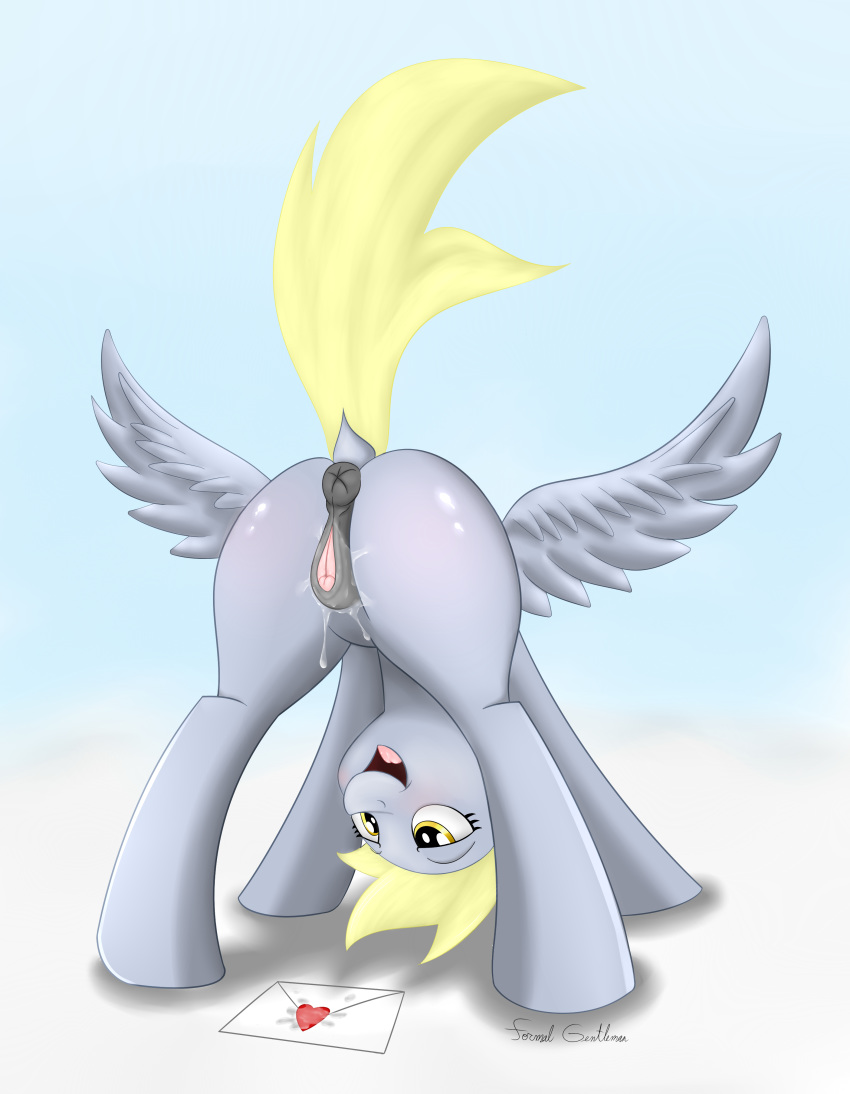 2014 anus ass bent_over blonde_hair derpy_hooves equine formal_gentleman friendship_is_magic fur grey_fur hair horse mammal my_little_pony open_mouth pony presenting pussy pussy_juice solo wings