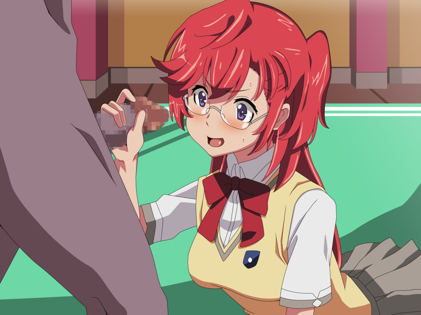 ano_natsu_de_matteru blush breasts censored clothed_female_nude_male glasses handjob red_hair school_uniform takatsuki_ichika