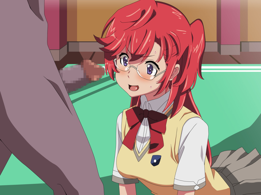 ano_natsu_de_matteru blush breasts censored glasses purple_eyes red_hair school_uniform takatsuki_ichika