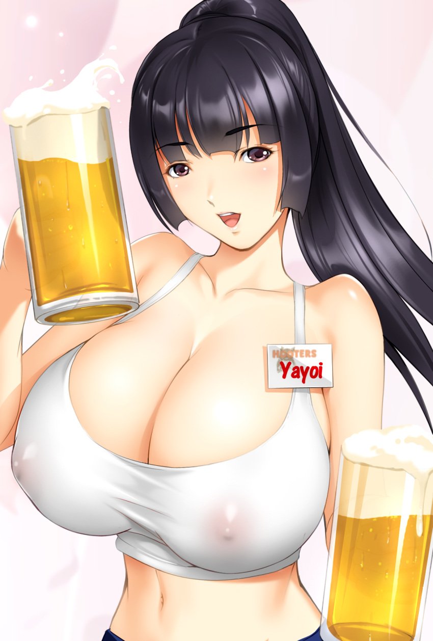 alcohol beer beer_mug black_hair breasts dragon@harry drink female hooters huge_breasts long_hair looking_at_viewer name_tag nipples original ponytail purple_eyes smile solo tank_top tied_hair waitress