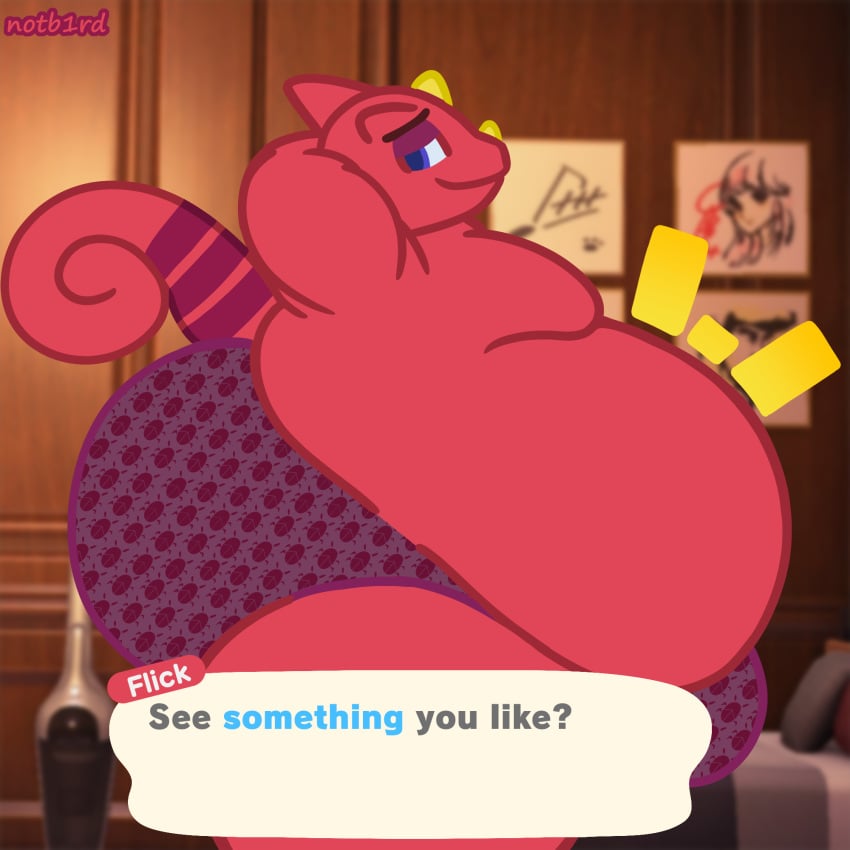 1boy animal_crossing anthro artist_name ass belly big_belly big_butt blue_eyes bulge chameleon clothed clothing digital_media_(artwork) flick_(animal_crossing) hi_res horn huge_butt lizard looking_at_viewer male male_only nintendo no_visible_genitalia notb1rd obese obese_anthro obese_male overweight overweight_anthro overweight_male penis_bulge pink_skin red_body reptile scalie smile solo speech_bubble tail text thick_thighs underwear