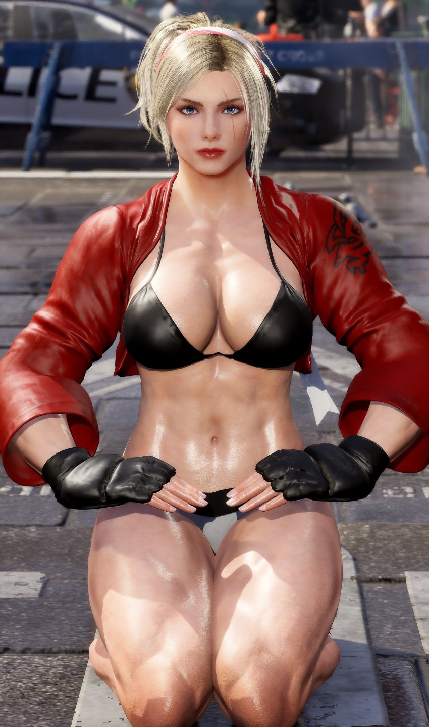 1girls abs athletic_female big_breasts blonde_hair blue_eyes bra cleavage female female_only kneeling lidia_sobieska mod namco navel omegaxsmash tekken tekken_8 thick_thighs