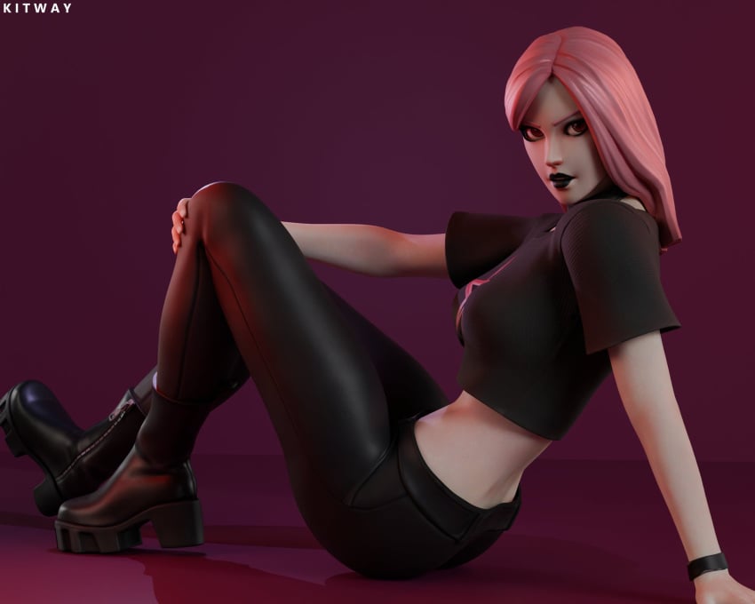 choker clothed clothed_female clothing female female_only fortnite fully_clothed fully_clothed_female hand_on_knee haze_(fortnite) kitway looking_back looking_back_at_viewer pinup pose posing sfw solo solo_female