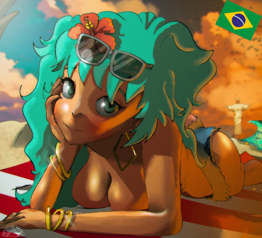 beach blue_eyes blue_hair brazil brazilian brazilian_female brazilian_miku breasts_out hatsune_miku sunriser vocaloid