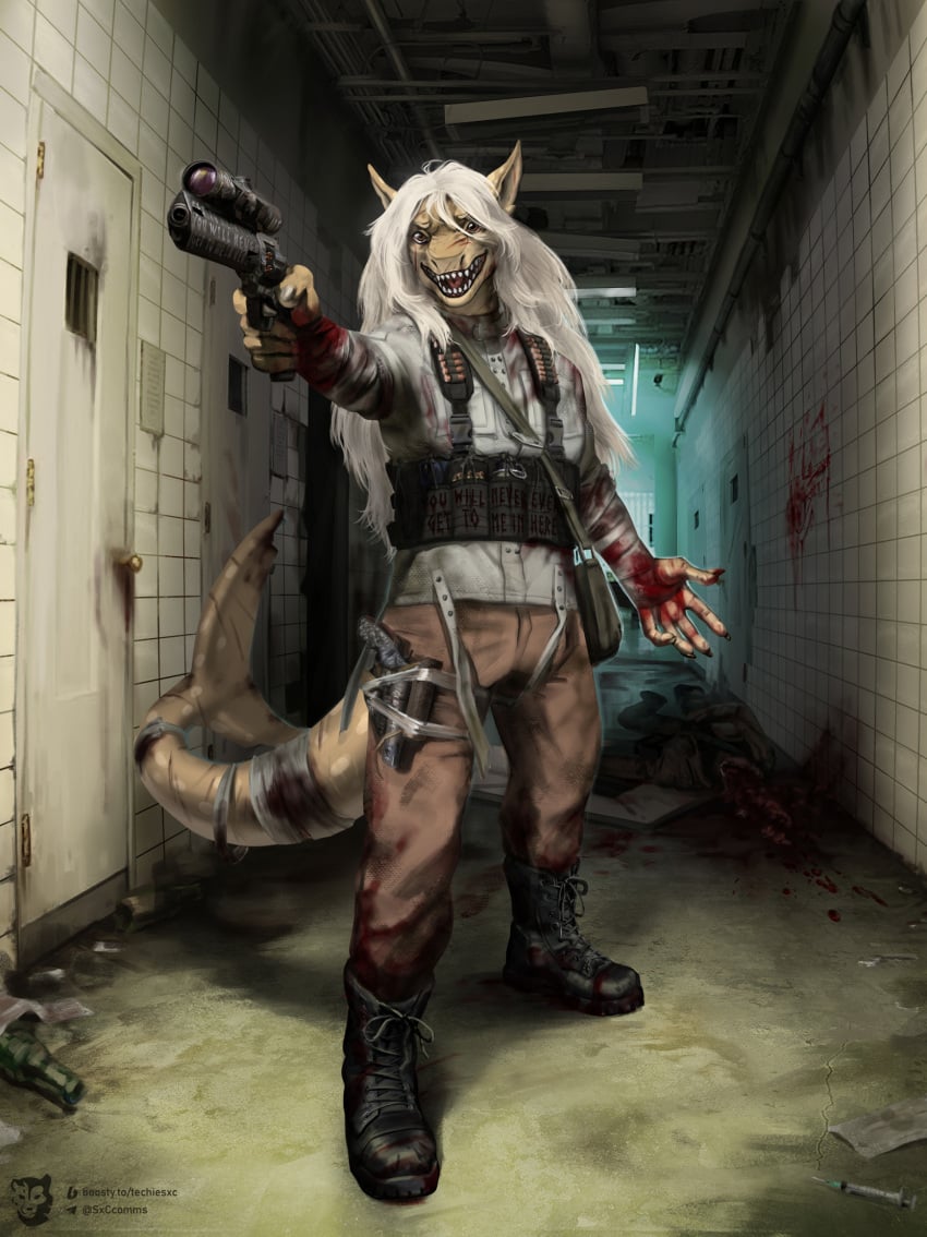 anthro apocalypse bag bandage blood bodily_fluids boots bottle brown_hair clothing container door fish footwear gun hair hallway handgun hi_res insane male marine modified_gun pipe pistol prison ranged_weapon revolver scar scope shark shattered shoes solo techiesxc teeth topwear vest weapon