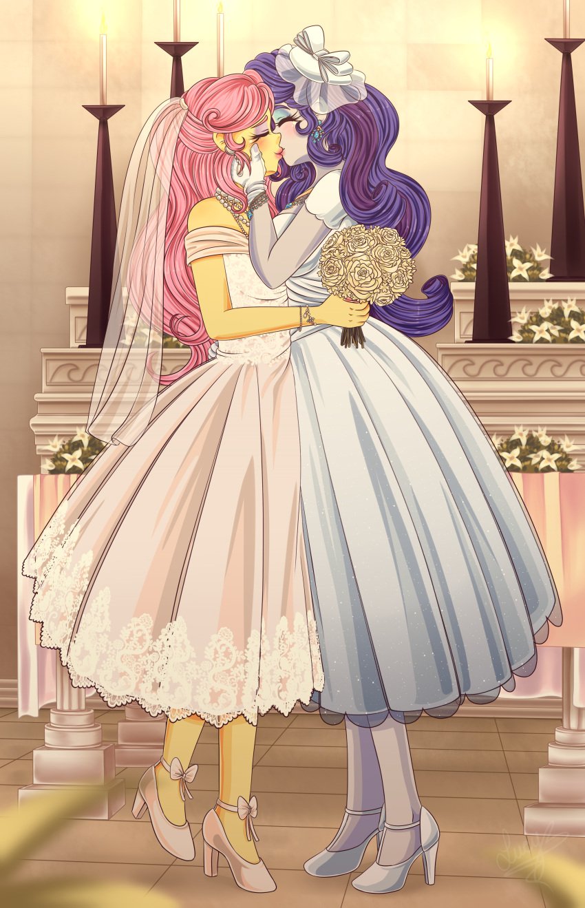 2girls candle equestria_girls eyeshadow female female/female female_only flower flowers fluttershy_(eg) fluttershy_(mlp) fully_clothed girl_on_girl happy high_heels humanoid kissing lesbian_kiss lucy-tan makeup my_little_pony no_sex pink_hair purple_hair rarity_(eg) rarity_(mlp) smile smiling wedding wedding_dress white_skin yellow_skin yuri