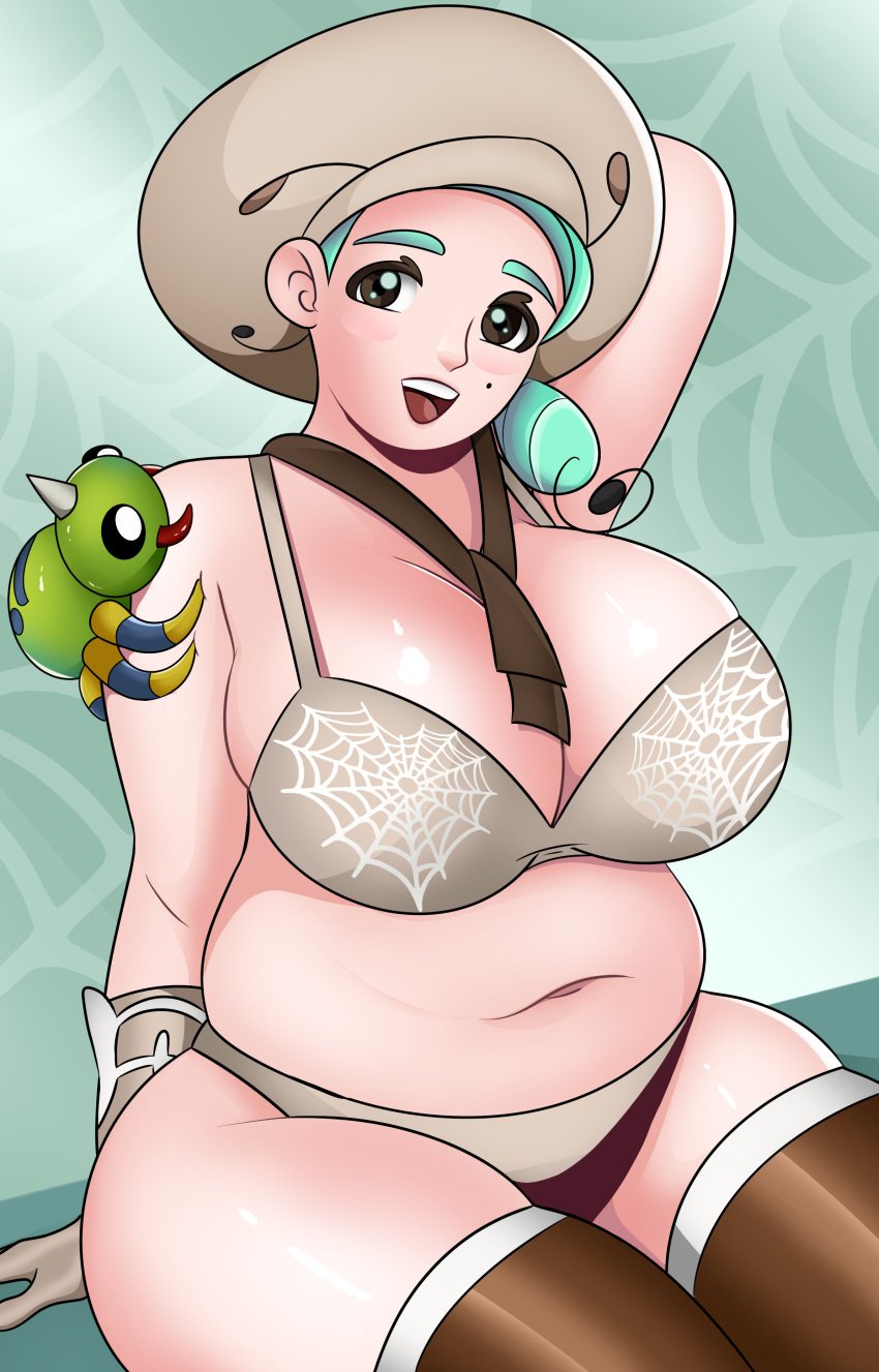 beret big_breasts game_freak green_hair hand_on_head katy_(pokemon) nintendo pokemon pokemon_sv solo_focus sonson-sensei spinarak underwear