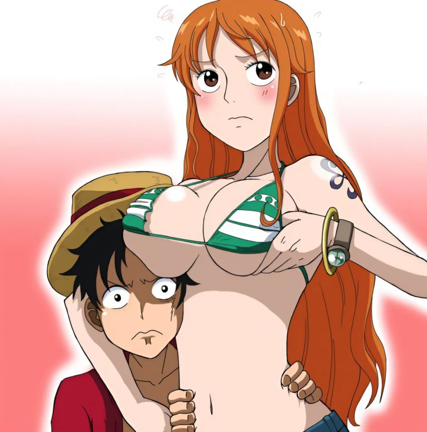 1boy1girl big_breasts bikini bikini_top blush breasts_on_face curvy_female female grabbing_breasts huge_breasts kakkii long_hair male monkey_d_luffy nami one_piece orange_hair straw_hat striped_bikini takaya2021 takaya_n tattoo