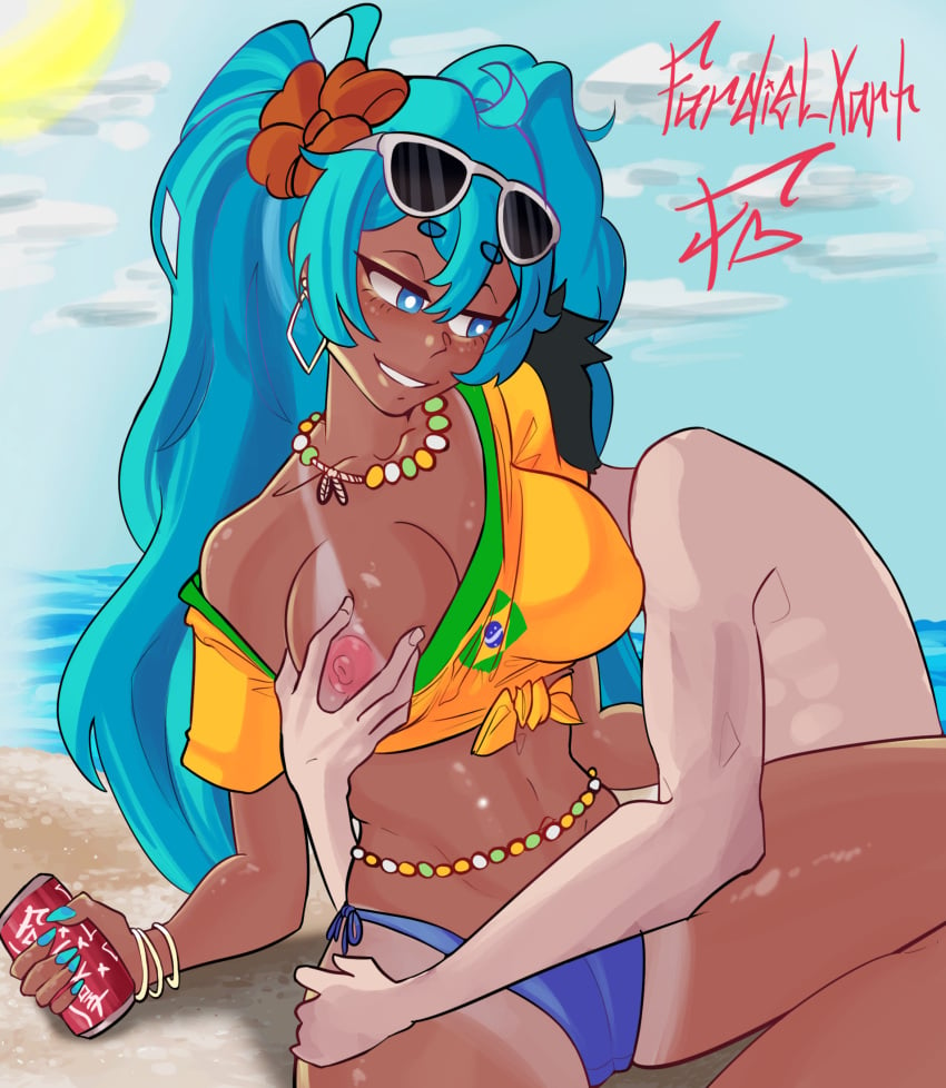 beach beads big_ass big_breasts big_nipples big_thighs black_body blue_eyes blue_hair blush brazil brazilian brazilian_female brazilian_miku breasts_out bronze_skin_color curvy curvy_female curvy_figure fardiel_xart grabbing hatsune_miku light_blue_hair nipples vocaloid waist_beads