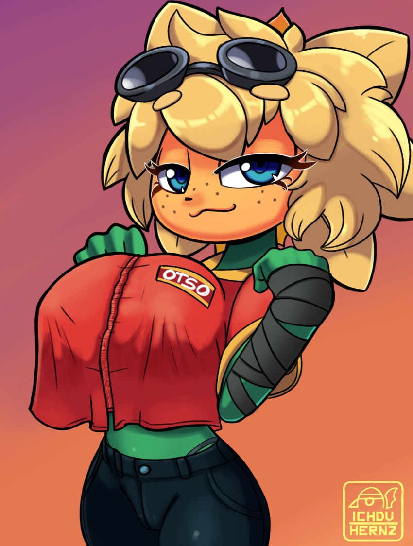 big_breasts big_eyes blue_eyes green_body ichduhernz petite plants_vs_zombies plants_vs_zombies:_heroes red_shirt seductive seductive_smile small_waist solar_flare_(pvz) tagme