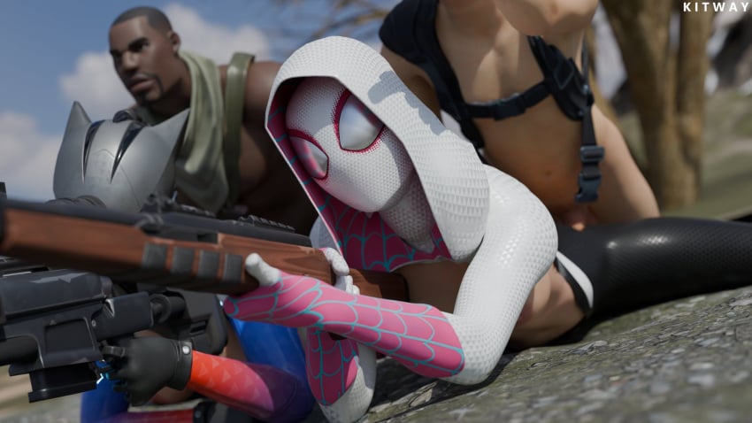 1girls 2boys alternate_view ambiguous_penetration breasts breasts_out completely_nude completely_nude_male dark-skinned_male dark_skin different_angle exposed_ass exposed_breasts female fortnite functionally_nude functionally_nude_female glowing_eyes gwen_stacy harness interracial jun-hwan_(fortnite) kitway lynx_(fortnite) male marvel marvel_comics mask masked masked_female multiple_boys nude nude_male partially_clothed partially_clothed_female pointing ripped_clothing sex_while_shooting shooting sniper_rifle spider-gwen spider-man:_into_the_spider-verse spider-man_(series) spitfire_(fortnite)