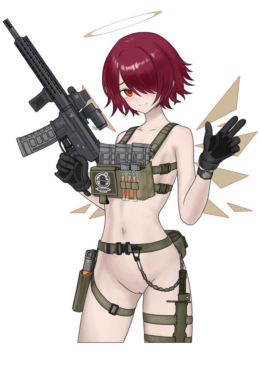 absurdres arknights assault_rifle belt black_gloves blush brown_halo casual chest_rig chinese_commentary closed_mouth commentary cropped_legs detached_wings exusiai_(arknights) female firearm gloves gun hair_over_one_eye halo hand_up handgun highres holding holding_gun holding_weapon holstered human is-8_shi_zhong_zhan_che looking_at_viewer navel nude one_eye_covered orange_eyes pale_skin pink_hair pussy rifle sheath sheathed short_hair simple_background smile solo split_mouth standing strap tactical_nudity thigh_strap trigger_discipline waving weapon white_background wings