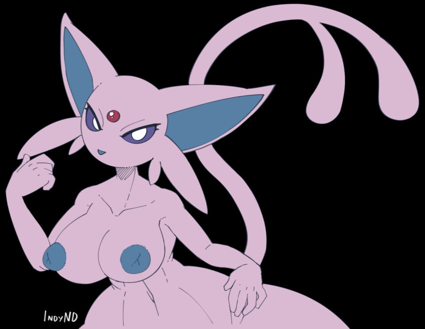 2022 anthro areola big_breasts blue_areola bottom_heavy breasts digital_media_(artwork) eeveelution espeon female forehead_gem gem generation_2_pokemon huge_hips hyper_hips indynd inverted_nipples looking_at_viewer navel nintendo nipples nude pokemon pokemon_(species) purple_body purple_sclera solo white_eyes wide_hips