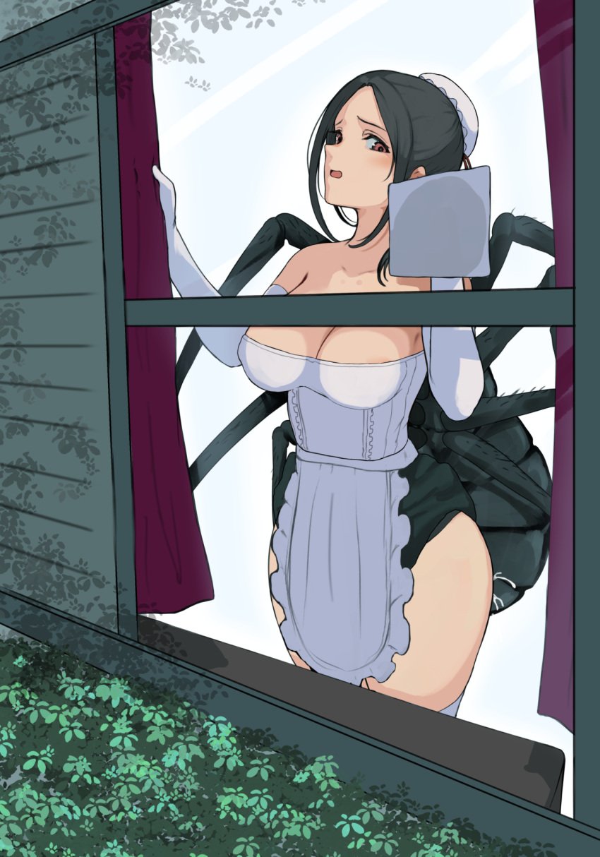 1girls beetle black_hair blush breasts brown_eyes cleavage clothing cum cum_in_pussy cum_inside dress elbow_gloves female from_behind gloves insectophilia insects interspecies legs_together long_hair maid maid_outfit male open_mouth penetration ryu_insect sex size_difference smile standing thick_thighs thighhighs vaginal_penetration white_dress white_legwear white_thighhighs wide_hips window zoophilia