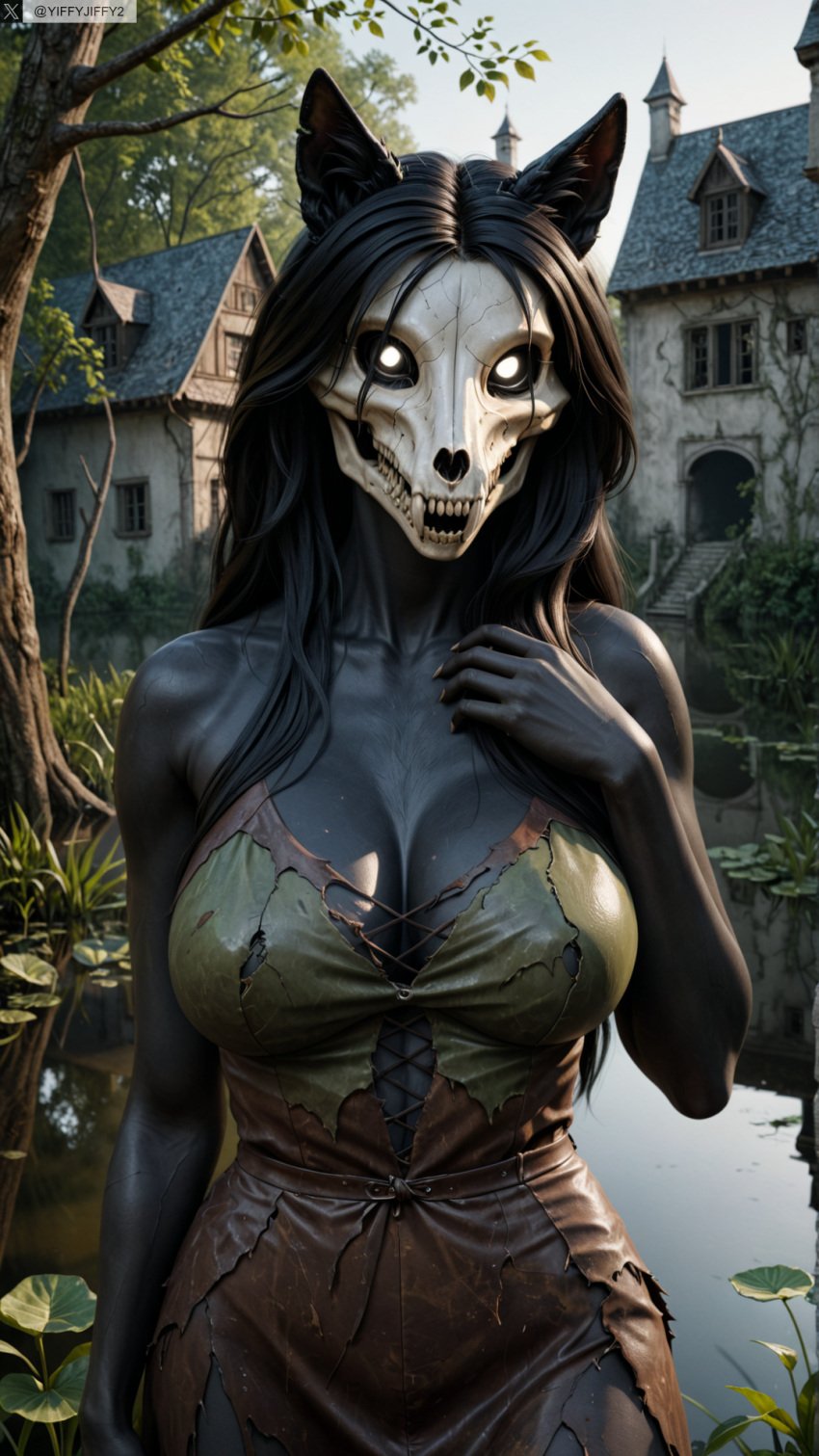 ai_generated animal_ears anthro artist_name black_hair breasts cleavage female female_anthro furry furry_female hi_res high_resolution highres large_breasts long_hair mal0 malo photorealistic realistic scp-1471 scp-1471-a scp_foundation solo stable_diffusion torn_clothes twitter twitter_username watermark yiffyjiffy2 yiffyjiffy69