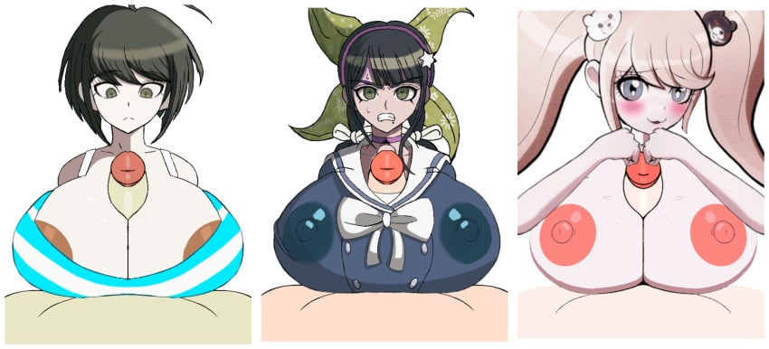 3girls areola_slip beat_banger chabashira_tenko danganronpa danganronpa_ultra_despair_girls danganronpa_v3 edit junko_enoshima naegi_komaru nipples paizuri repost titfuck_under_clothes