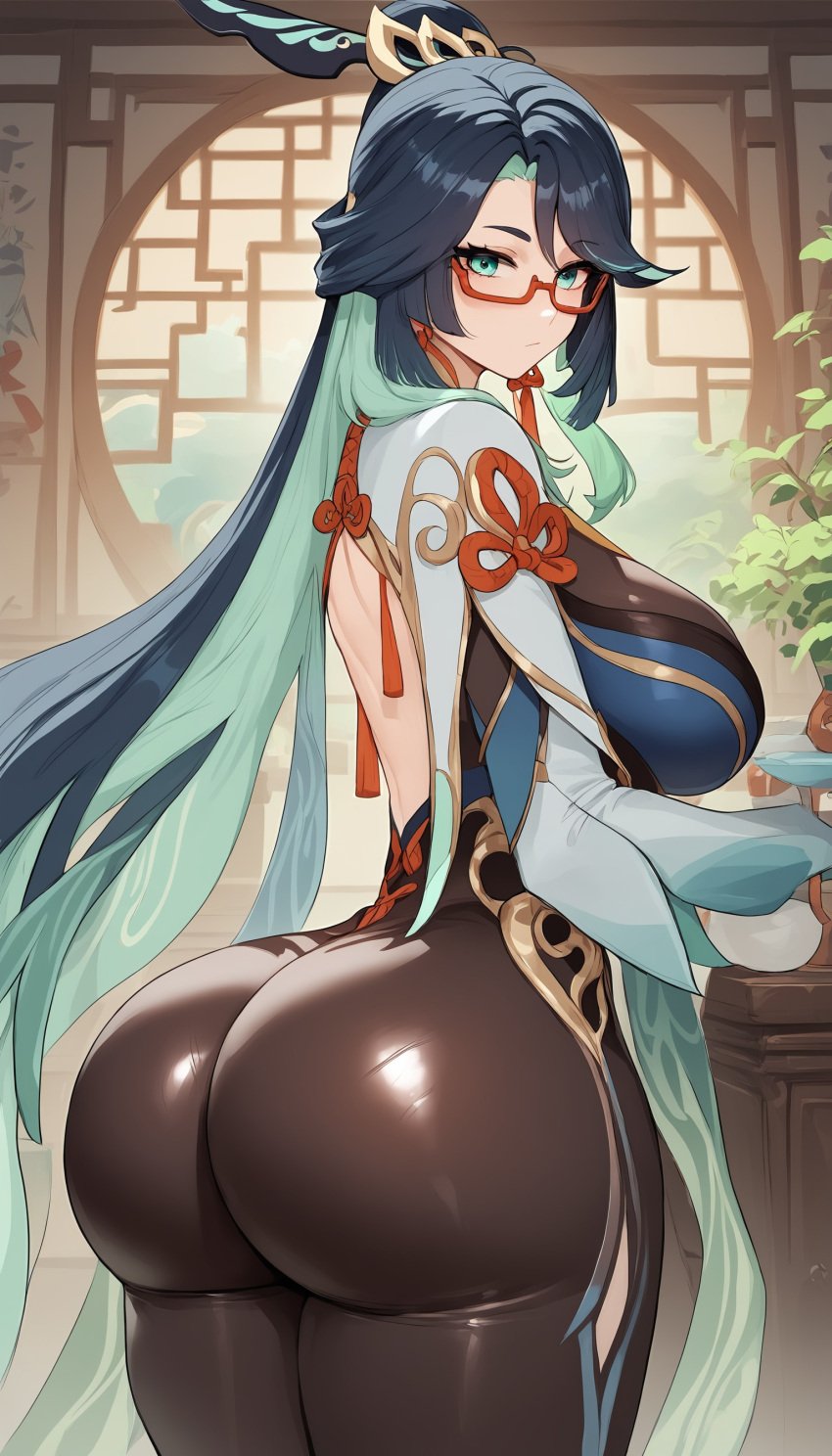 1girls ai_generated ass ass_focus blue_eyes blue_hair bodystocking colored_inner_hair from_behind genshin_impact glasses hana_aera huge_ass huge_breasts light-skinned_female light_skin looking_at_viewer looking_back solo two_tone_hair xianyun_(genshin_impact)